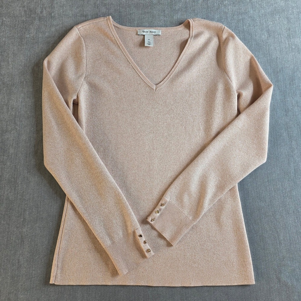 White House Black Market V-Neck Sweater Womens M Champagne Pink Metallic Shimmer
